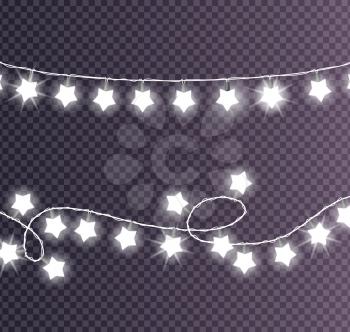 Colorless festive garlands set decorations with white shiny lights in star shapes, glittering lightbulbs vector illustration on transparent background