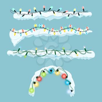 Colorful garlands on snow, set of icons depicting main decorative element of winter event which is christmas vector illustration isolated on white