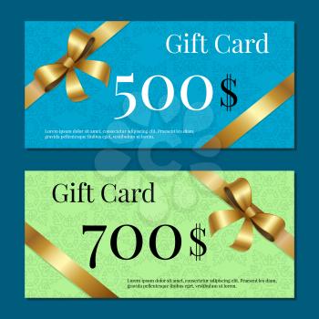 Gift cards on 700 500 set of posters with gold ribbons and bows on abstract color backgrounds. Voucher certificates for discounts in stores vector