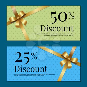 Discount on 50 25 percent set of posters with gold ribbons and bows on abstract blue and green. Gift certificates vouchers with place for text