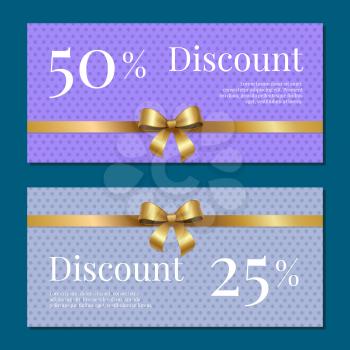 Discount on 50 25 percent set of posters with gold ribbons and bows on abstractpurple with dots. Gift certificates vouchers with place for text