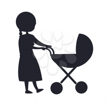 Happy grandparent senior lady with trolley pram taking care about newborn child vector colorless illustration black silhouette