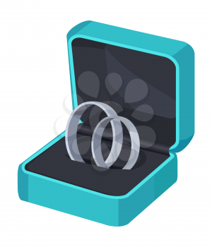 Two platinum engagement rings in box isolated on white background. Wedding accessories in blue package, symbol of eternal love, unity and devotion. Vector illustration of proposal symbolic rings