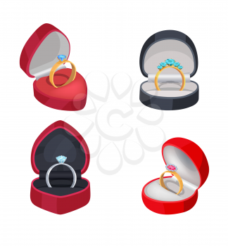 Set of four rings with blue and red precious stones in ruddy and black gift boxes, vector illustration on white background of wedding accessories