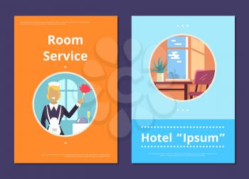 Room service in hotel informative Internet page with cleaning woman that holds fluffy dust brush vector illustration inside circle.