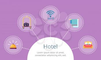 Hotel services fast access on website template. Gold bell, suitcase on trolley, wifi icon, towels on hanger and soft bed vector illustrations.