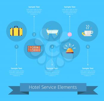 Hotel service elements with icons of baggage, keys board, white bath, served food and cup of hot coffee with text vector illustration