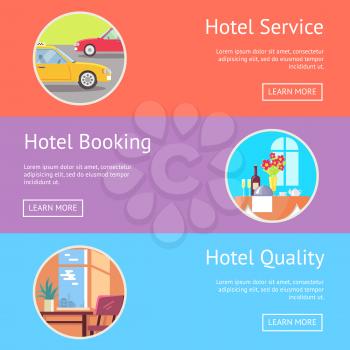 Hotel service, booking and quality web page design with pictures of restaurant table and neat room. Vector illustration with room for text content and buttons