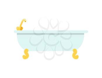White beaming bath with tiny banded golden legs and shiny faucet. Vector illustration with deep rounded bath isolated on white background