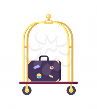 Bellman s cart with golden shiny poles and blue suitcase with stickers on it. Vector illustration of hotel stuff isolated on white background