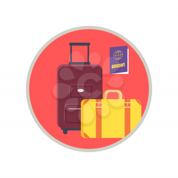 Road bag, suitcase and passport surrounded by round pink frame. Vector illustration if icon with luggage isolated on white background