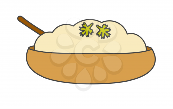 Mashed potatoes with herbs in bowl flat style vector icon isolated on white background. Thanksgiving day meal. Traditional dish of american settlers illustration for applications, logos or web design