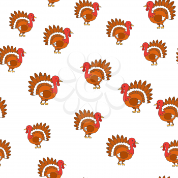 Thanksgiving turkey seamless pattern in flat style design, cartoon mascot character. Vector illustration of bird isolated on white background. Funny icon of brown poultry hand drawn endless texture