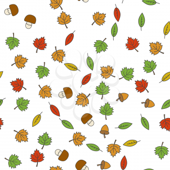 Autumn forest seamless pattern. Colorful tree leaves, mushrooms and acorns flat vector on white background. Autumn defoliation and harvest concept illustration for wrapping paper, print on fabric