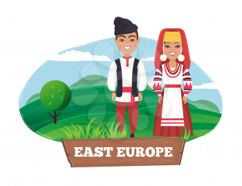 East europe, man and woman dressed in costumes standing among lush greenery of grass and trees on vector illustration isolated on white