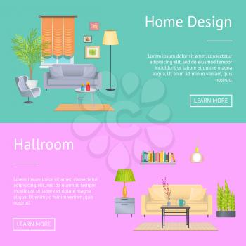 Home design and hallroom, website pages with text sample and interior consisting of sofa, lamp and plant, table and pictures vector illustration