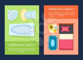 Bathroom decor and bedroom space sample website pages with text and icons of bed and small table, bathtub and sink vector illustration