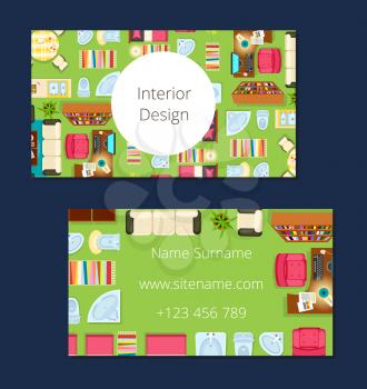 Interior design business card with name and surname, website and phone number, icons of sofa, armchair, computer and plant vector illustration