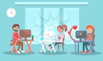 Bearded man works at computer with green cactus on desk, girl drinks coffee from cup and wearing white headphones, boy holds pen vector illustration
