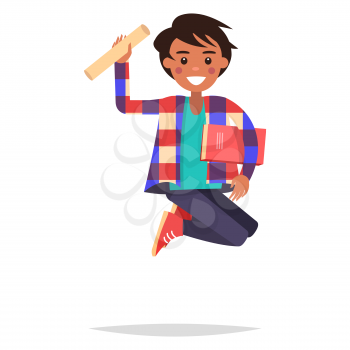 Jumping Indian student in checkered shirt with book and bundle isolated on white background. Reaction for successful exams passing and graduation. Bachelors degree achieving vector illustration.