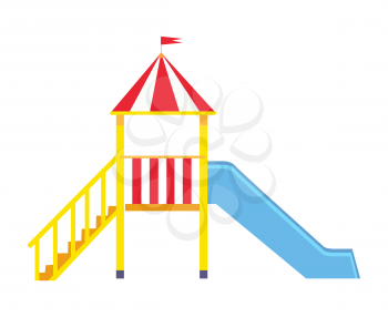 Vector poster depicting large blue slide for children with yellow ladder and little balcony with crown and flag on it isolated on white background.
