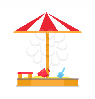 Sandbox with umbrella striped tent with sand, red wooden seat bucket and shovel vector illustration isolated on white background