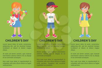 Childrens day web banner with playful boy and girl isolated on green background. Happy schoolboy with spinner and schoolgirls in cartoon style