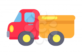 Minimalistic vector poster of toy plastic truck with red-colored cabin and yellow-colored trailer with black wheels isolated on white background.