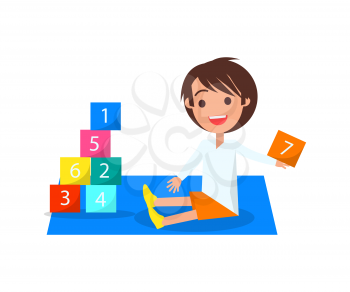 Cheerful boy dressed in white sweater and orange shorts sitting on blue mat playing with color number cubes isolated vector illustration