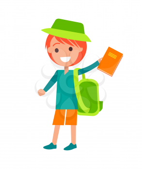 Boy with red medium length hair wearing green hat and backpack holding orange hard back book in his left hand isolated vector illustration on white