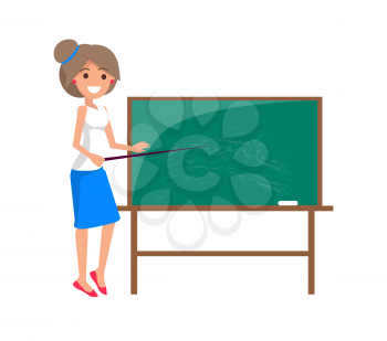 Female teacher dressed in white sleeveless t-shirt and blue skirt standing at blackboard with pointer stick in right hand isolated vector illustration