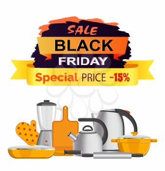 Black Friday special sale icon isolated on white background. Vector illustration with kitchen equipment, including teapot,modern blender, pan and other