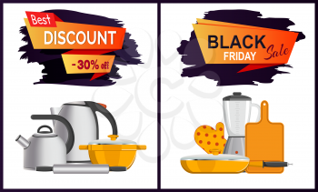 Black Friday discount advert o white background. Vector illustration with electrical teapot, blender and kitchenware surrounding sign set of banners