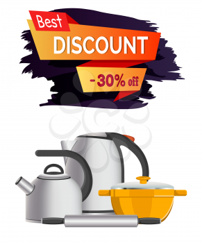 Best discount -30 clearance with two teapots and yellow pan on white background. Vector Illustration with colorful sign and kitchen staff poster