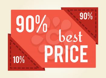 90 off best price sale tag with discount value isolated on white. Vector illustration with red sign of special offer, minimal and total discounts