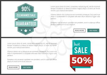 90 clearance and hot sale 50 , websites with stickers and informational text put beside, buttons saying read more and buy now on vector illustration
