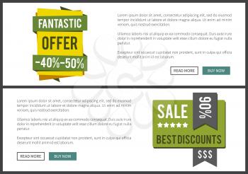 Fantastic offer and sale best discounts, collection of web pages with given information, labels that ensure quality and buttons on vector illustration