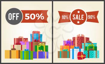 Off 50 sale from 10 to 90 set promo labels on advertisement posters with heaps of present gift boxes vector illustrations isolated on white background