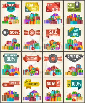 Big collection of best prices promo posters with advert stickers informing about discounts and piles of present boxes full of surprises vector on white