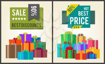 Sale best discounts super hot prices final total 90 offer now sticker labels on banners with present festive gift boxes vector illustration posters set