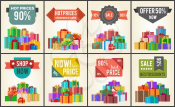 Hot prices sale discounts promo labels with percent off signs on banners with heaps of present boxes in decorative wrapping paper vector posters set