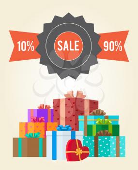 Sale from 10 to 90 buy now promo label with piles of gift boxes vector illustration poster with mountains of presents in decorative paper
