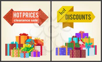 Hot prices discounts clearance sale arrow shape labels on posters with mountains of gift boxes vector illustrations isolated on white background