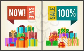 Now sale save 100 push buttons on promo labels on banners with gift boxes vector illustration poster with piles of presents in color wrapping paper