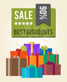 Best discounts sale -90 green square label sticker vector promo poster with heaps of present gift boxes with decorative bows isolated on white