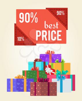 90 best price red push button promo label on banner with gift boxes vector illustration poster with piles of presents in color wrapping paper with bows