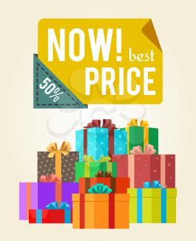 Now best price push buttons promo label on banner with gift boxes vector poster with piles of presents in color wrapping paper with festive bows