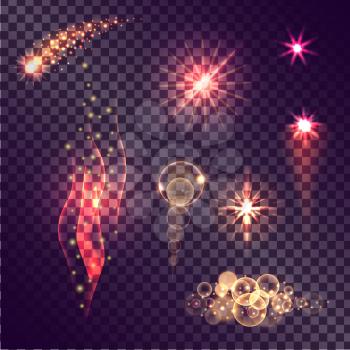 Realistic vector light effects set. Falling comet, burning flame, shiny stars, light bubbles on transparent background. Vibrant elements with glittering. Fiery flashes and blinding stars illustrations