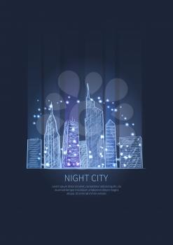 Night city lights of buildings and skyscrapers. Vector illustration of town drown in light blue colors isolated, splashing glittering elements