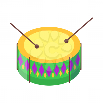 Drum with sticks cartoon icon. Snare or side drum with decorated colored rhombuses sides and ball tip drumsticks flat vector isolated on white background. Percussion musical instrument illustration